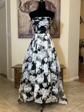 B.Darlin Strapless Floral Gown 1-2 Black White Layered Tulle Prom
